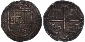 1556-98. Felipe II . Sevilla. 4 Reales. Ag. Marca de ensayador a derecha del segundo casteillo, y círculo encima del valor. EBC. Est.350.