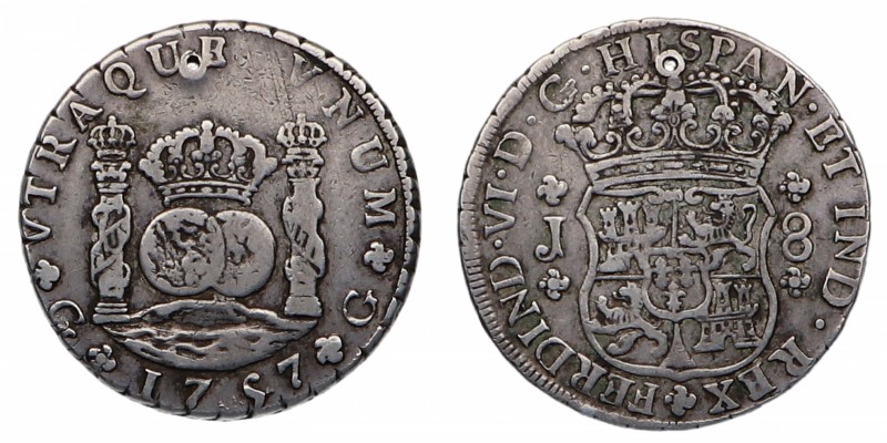 1757. Fernando VI (1746-1759). Guatemala. 8 reales. J8. Ag. 26,90 g. Agujero. RA...