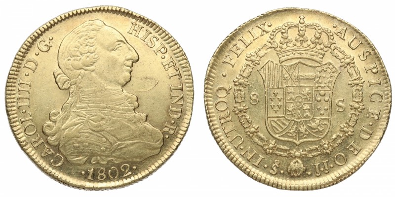1802. Carlos IV (1788-1808). Santiago. 8 escudos. JJ. Au. Bella. Brillo original...
