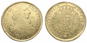 1802. Carlos IV (1788-1808). Santiago. 8 escudos. JJ. Au. Bella. Brillo original. Insignifacantes hojitas en anverso. EBC / EBC+. Est.2000.
