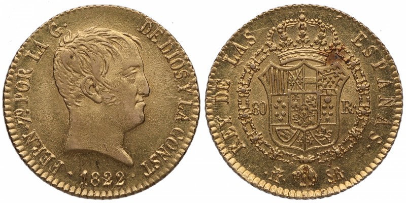 1822. Fernando VII (1808-1833). Madrid. 80 reales. SR. Bella. Brillo original. E...