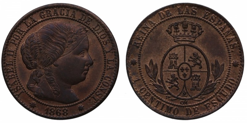 1868. Isabel II (1833-1868). Barcelona. 1 céntimo de Escudo. Cu. Bella. Brillo o...