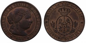 1868. Isabel II (1833-1868). Barcelona. 1 céntimo de Escudo. Cu. Bella. Brillo original. EBC+. Est.30.