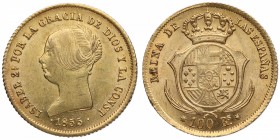 1855. Isabel II (1833-1868). Sevilla. 100 reales. A&C 910. Au. Bella. Brillo original. SC-. Est.350.