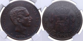 1878. Alfonso XII (1874-1885). Barcelona. 10 céntimos. OM. Cal.68. Cu. Certificada por NN Coins 2762878-037 como AU50. EBC. Est.120.