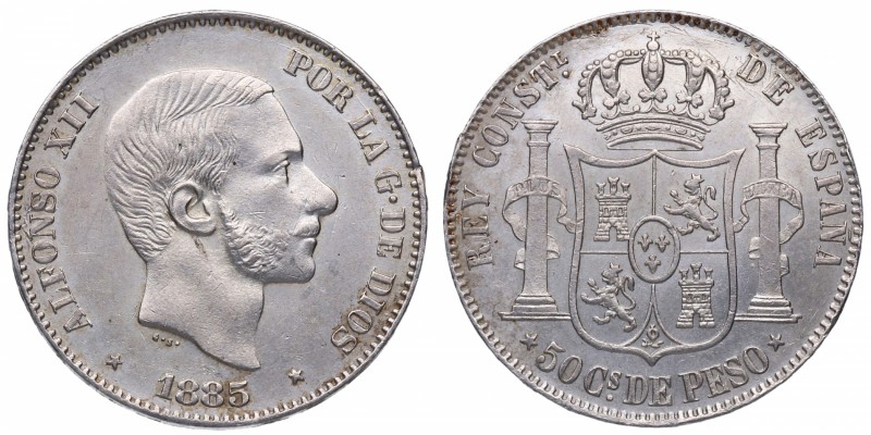 1885. Alfonso XII (1874-1885). Manila (Filipinas). 50 Centavos de Peso. Cy 17566...