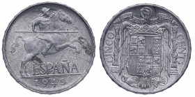 1945. Franco (1939-1975). Madrid. 5 céntimos. Ni. Bella. Escasa. SC. Est.14.