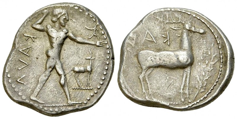 Kaulonia AR Nomos, c. 525-500 BC 

 Bruttium, Kaulonia. AR Nomos (20-23 mm, 7....