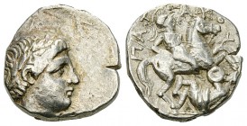 Patraos AR Tetradrachm 

Paeonian Kings. Patraos (340-315 BC). AR Tetradrachm (24 mm, 12.39 g).
Obv. Laureate youthful head right.
Rev. ΠATPAOY, h...