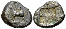 Byzantion AR Tetradrachm, c. 387/6-340 BC 

Thrace, Byzantion. AR Tetradrachm (22-25 mm, 15.25 g), c. 387/6-340 BC.
Obv. Bull standing on dolphin l...