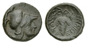Lokris AE12, c. 325-300 BC 

 Lokri Opuntii , Lokris. AE12 (1.89 g), c. 325-300 BC. Obv. Helmeted head of Athena right. Rev. Bunch of grapes with te...