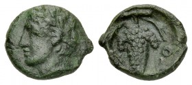 Lokris AE13, c. 325-300 BC 

 Lokri Opuntii , Lokris. AE13 (2.19 g), c. 325-300 BC or later. Obv. Helmeted head of Athena left. Rev. Bunch of grapes...