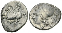 Corinth AR Stater, c. 320 BC 

 Corinthia, Corinth. AR Stater (19-22 mm, 8.41 g), c. 320 BC.
Obv. Pegasos flying left, koppa below.
Rev. Helmeted ...