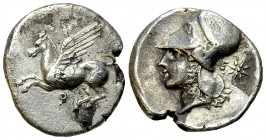 Corinth AR Stater, c. 300 BC 

 Corinth , Corinthia. AR Stater (20-21 mm, 8.35 g), c. 300 BC.
Obv. Pegasos flying left, Ϙ below.
Rev. Head of Athe...