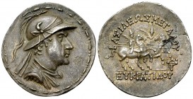 Eukratides I. AR Tetradrachm, c. 170-155 BC 

 Kings of Bactria . Eukratides I. (c. 170-155 BC). AR Tetradrachm (35 mm, 16.50 g).
Obv. Draped and h...