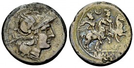 Anonymous AR Denarius, 194-190 BC 

Roman Republic. Anonymous. AR Denarius (19 mm, 3.56 g), Rome, 194-190 BC.
Obv. Helmeted head of Roma head right...