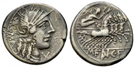 M. Fannius C. f. AR Denarius, 123 BC 

 M. Fannius C. f. AR Denarius (19 mm, 3.82 g), Roma, 123 BC.
Obv. Helmeted head of Roma right; behind, ROMA ...