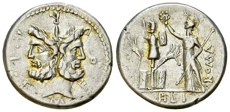 L Furius Philus AR Denarius, 121 BC 

 L. Furius Philus. AR Denarius (19-20 mm...