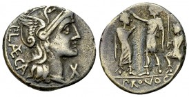 P. Porcius Laeca AR Denarius, 110/109 BC 

 P. Porcius Laeca. AR Denarius (17-18 mm, 3.76 g), Roma, 110/109 BC. 
Obv. Helmeted head of Roma right; ...