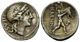 M. Herennius AR Denarius, 108/107 BC 

 M. Herennius. AR Denarius (18 mm, 3.77 g), Roma, 108-107 BC.
Obv. Head of Pietas right; behind, PIETAS (TA ...