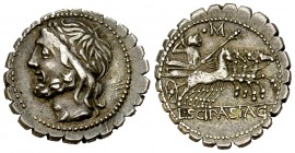 L. Cornelius Scipio Asiagenus AR Denarius serratus, 106 BC 

 L. Cornelius Scipio Asiagenus. AR Denarius serratus (19-20 mm, 3.90 g), Roma, 106 BC....