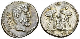 L. Titurius L. f. Sabinus AR Denarius, 89 BC 

 L. Titurius L. f. Sabinus. AR Denarius (17-18 mm, 4.05 g), Rome, 89 BC. 
Obv. Bearded head right of...