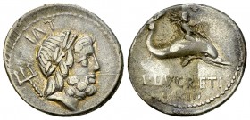 L. Lucretius Trio AR Denarius, 74 BC 

 L. Lucretius Trio. AR Denarius (18-19 mm, 3.73 g). Rome, 74 BC.
Obv. Laureate head of Neptune right; triden...