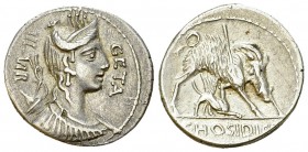 C. Hosidius C. f. Geta AR Denarius, 68 BC 

 C. Hosidius C. f. Geta. AR Denarius (17-18 mm, 3.87 g), Roma (Rome), 68 BC.
Obv. III VIR / GETA, drape...