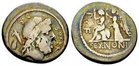 M. Nonius Sufenas AR Denarius, c. 59 BC 

 M. Nonius Sufenas. AR Denarius (17-19 mm, 3.56 g), Rome, c. 59 BC.
 Obv. SVFENAS – S•C, Head of Saturn r...