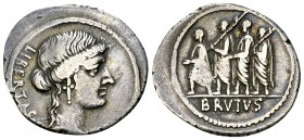 M. Junius Brutus AR Denarius, 54 BC 

 M. Junius Brutus . AR Denarius (20-21 mm, 3.73 g), 54 BC.
Obv. Head of Libertas right, behind, LIBERTAS.
Re...