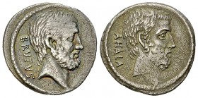 Q. Serviulius Caepio Brutus AR Denarius, 54 BC 

 Q. Servilius Caepio (M. Junius) Brutus . AR Denarius (18 mm, 3.42 g), Rome, 54 BC.
Obv. Bare head...