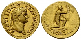 Domitianus Aureus, Parthian captive reverse 

Vespasianus (69-79 AD) for Domitianus Caesar. Aureus (20 mm, 7.37 g), Rome, 77/78 AD.
Obv. CAESAR AVG...