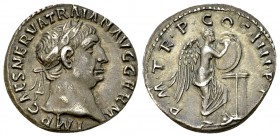Traianus AR Denarius, Victory reverse 

 Traianus (98-117 AD). AR Denarius (17-18 mm, 3.20 g), Rome.
Obv. IMP CAES NERVA TRAIAN AVG GERM, Laureate ...