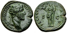 Antoninus Pius AE Sestertius, Felicitas with capricorn reverse 

Antoninus Pius (138-161 AD). AE Sestertius (31 mm, 25.48 g), Rome, 147.
Obv. ANTON...