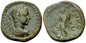 Elagabalus AE Sestertius, Fortuna reverse 

 Elagabalus (218-222 AD). AE Sestertius (30 mm, 26.49 g), Rome, 220/221.
Obv. IMP CAES M AVR ANTONINVS ...