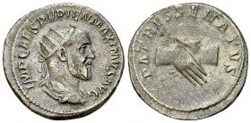 Pupienus AR Antoninianus, clasped hands reverse 

 Pupienus (238 AD). AR Antoninianus (22 mm, 5.12 g), Rome.
Obv. IMP CAES PVPIEN MAXIMVS AVG, radi...