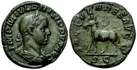 Philippus II AE Sestertius, Saeculares reverse 

 Philippus II. (247-249 AD). AE Sestertius (29 mm, 15.29 g), Rome, 248 AD.
Obv. IMP M IVL PHILIPPV...
