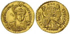 Constantius II AV Solidus, Arelate mint 

 Constantius II. (337-361 AD). AV Solidus (21-22 mm, 4.43 g, 6h). Arelate (Arles) mint, AD 353-360.
Obv. ...