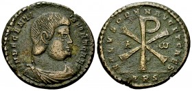 Decentius Caesar AE 29, Chi - Rho reverse 

 Decentius Caesar (350-353). AE 29 (10.17 g), Trier, AD 352.
Obv. DN DECENTIVS FORT CAES, draped and cu...