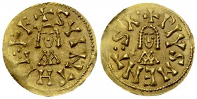 Suinthila AV Triens, Mentesa mint 

Visigoths in Spain. Suinthila (621-631). AV Tremissis (20 mm, 1.41 g), Mentesa mint.
Obv. +SVINTHIL RE, stylize...