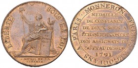 France, CU 2 Sols Essai 1791, Monneron 

 France, Constitution . CU 2 Sols Essai 1791 (32 mm, 18.49 g), Monneron. Birmingham.
Maz. 152; VG 233.

...
