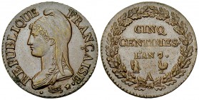 France AE 5 Centimes l'an 7/5 

 France, 1ère république. AE 5 Centimes l'an 7/5 A (1798/99) (28 mm, 10.20 g), Paris.
KM 640.1.

Rare dans cet ét...