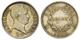 Napoléon I AR 1/4 Franc 1807 A, Paris 

France. Napoléon I Empereur . AR 1/4 Franc 1807 A (15 mm, 1.25 g), Paris.
Gad. 348.

Good extremely fine....