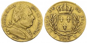 Louis XVIII AV 20 Francs 1814 K, Bordeaux 

France, Royaume. Louis XVIII (1815-1824). AV 20 Francs 1814 K (6.41 g), Bordeaux.
KM 706.3.

Faible t...