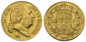 Louis XVIII AV 20 Francs 1818 W, Lille 

France, Royaume. Louis XVIII (1815-1824). AV 20 Francs 1818 W (6.40 g), Lille.
KM 712.9.

TTB.