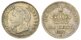 Napoléon III AR 20 Centimes 1867 K, Bordeaux, grand module 

France, second Empire. Napoleon III (1852-1870). AR 20 Centimes 1867 K (16 mm, 0.99 g),...