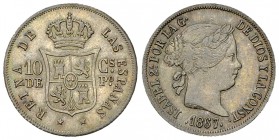 Isabel II AR 10 Centavos 1867 

Philippines. Isabel II (1833-1868). AR 10 Centavos de Peso 1867 (2.58 g).
KM 145.

Good extremely fine.