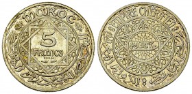 Morocco AR Essai of 5 Francs, very rare 

 Morocco. Mohammed V (1927-1961). AR Essai of 5 Francs AH 1347 (=1928) (24 mm, 5.00 g), Paris.
Lec. 237....