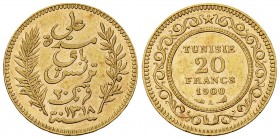 Tunisia AV 20 Francs 1900 A 

 Tunisia . Ali Bey. AV 20 Francs 1899 A (21 mm, 6.44 g).
KM 227.

Extremely fine.