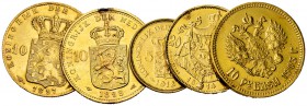 Lot of 5 AV coins 

 Lot 5 (five) AV coins, totaling 28.53 g of fine gold: 

Belgium, 20 Francs 1914
Netherlands, 10 Gulden 1897
Netherlands, 10...